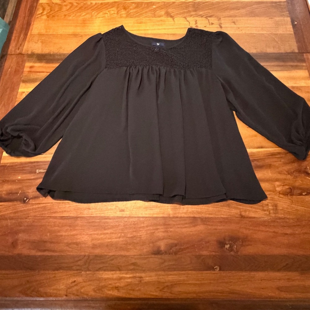 Gap Black Crochet Lace Yoke Long Sleeve Babydoll Blouse XXL